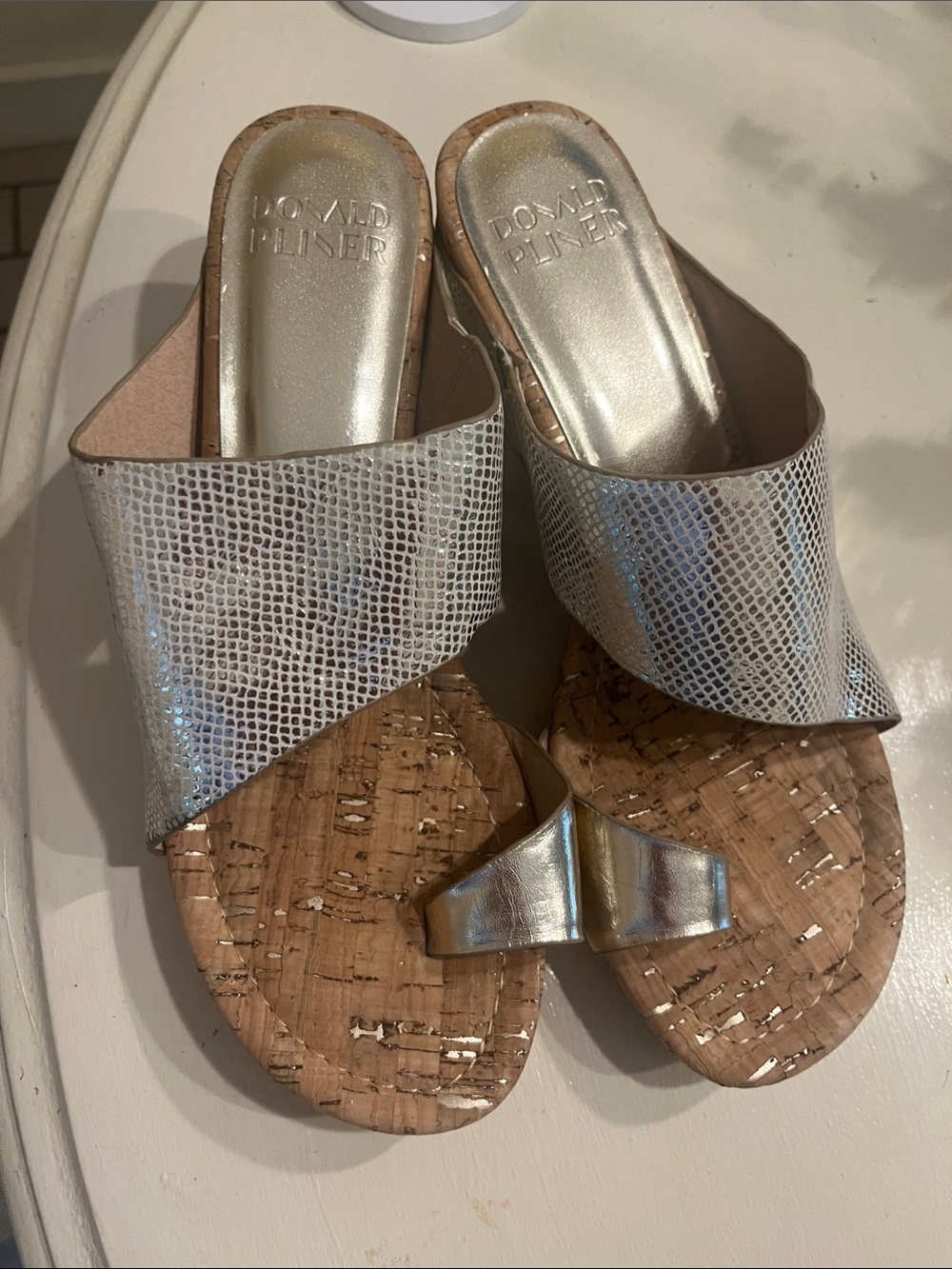 Donald J. Pliner Silver Metallic Cork Toe-Ring Slide Sandals